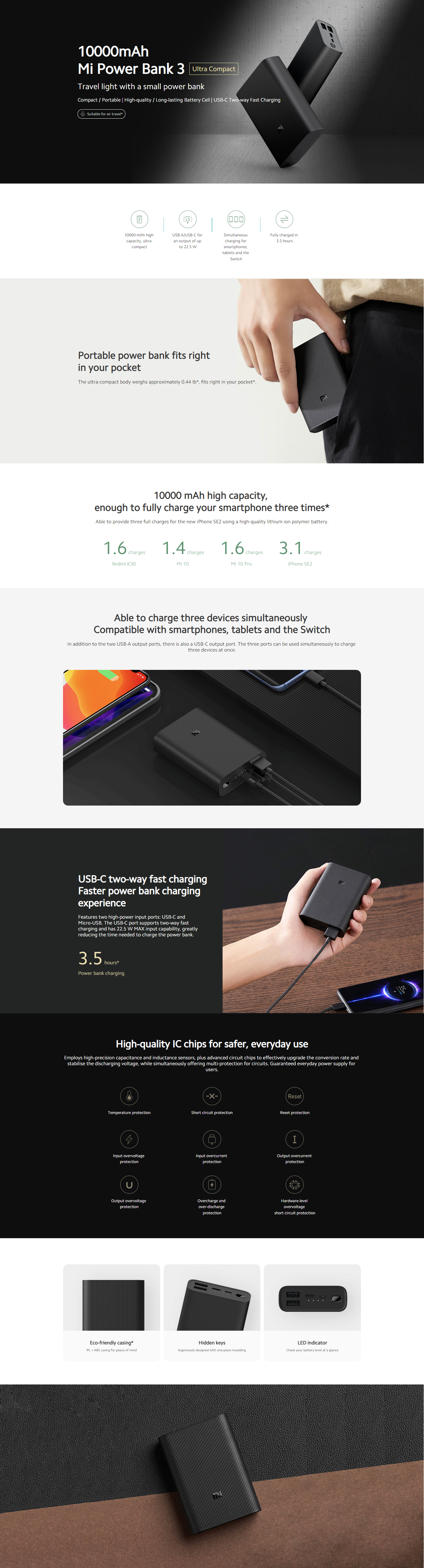 Xiaomi Mi Power Bank 3 Ultra Compact, 10000 mAh, Black